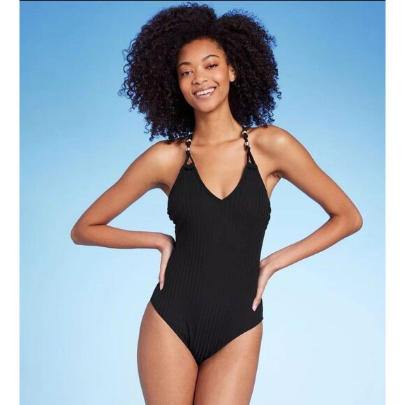 NWT Shade & Shore Black Ribbed Bead Knot Detail One Piece Swimsuit - Picture 1 of 3